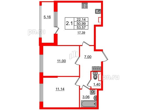 Квартира в ЖК «Дворцовый фасад», 2 комнатная, 50.99 м², 2 этаж