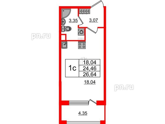 Квартира в ЖК 'Дворцовый фасад', студия, 24.46 м², 3 этаж