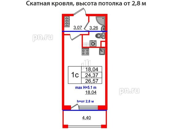 Квартира в ЖК 'Дворцовый фасад', студия, 24.37 м², 4 этаж