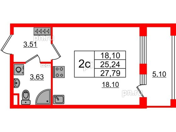 Квартира в ЖК «Дворцовый фасад», студия, 25 м², 3 этаж