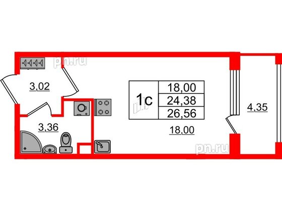 Квартира в ЖК «Дворцовый фасад», студия, 24.3 м², 2 этаж