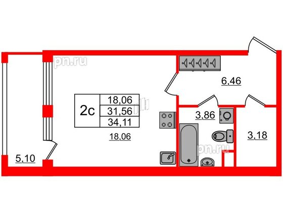 Квартира в ЖК 'Дворцовый фасад', студия, 31.56 м², 1 этаж