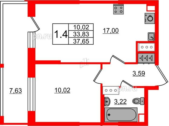 Квартира в ЖК Pulse Premier, 1 комнатная, 33.83 м², 7 этаж