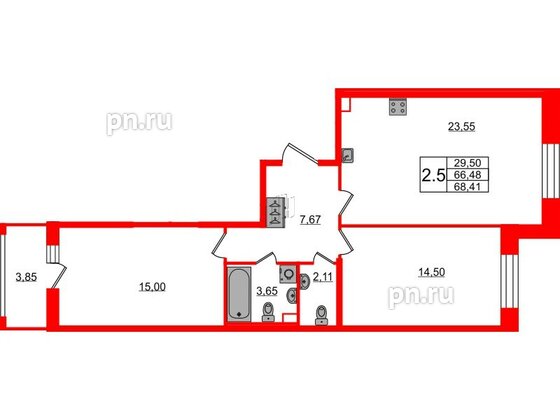 Квартира в ЖК 'Pulse Premier', 2 комнатная, 66.48 м², 1 этаж