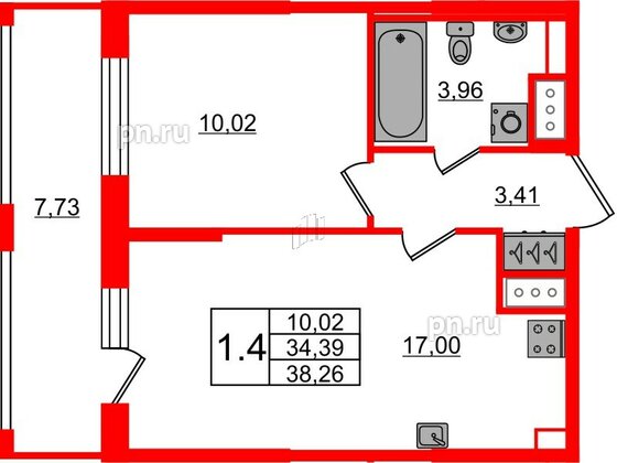 Квартира в ЖК Pulse Premier, 1 комнатная, 34.39 м², 10 этаж