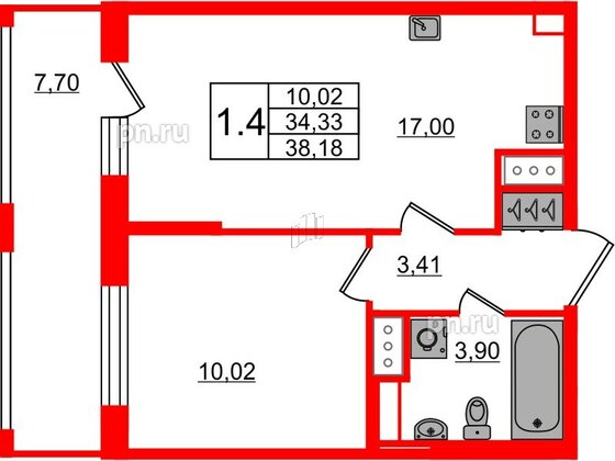 Квартира в ЖК Pulse Premier, 1 комнатная, 34.33 м², 10 этаж