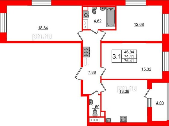 Квартира в ЖК 'Pulse Premier', 3 комнатная, 74.41 м², 11 этаж