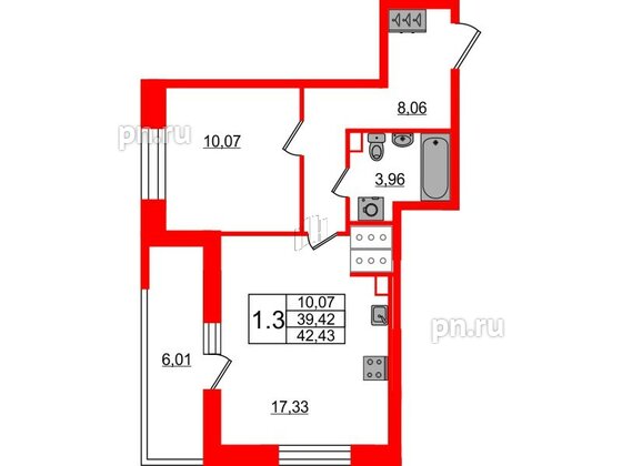 Квартира в ЖК Pulse Premier, 1 комнатная, 39.42 м², 2 этаж