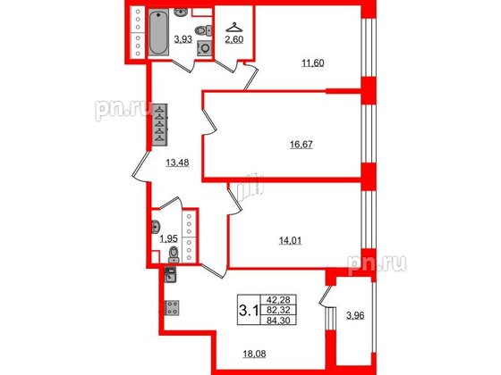 Квартира в ЖК Pulse Premier, 3 комнатная, 82.32 м², 9 этаж