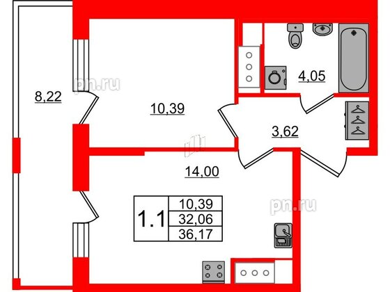 Квартира в ЖК Pulse Premier, 1 комнатная, 32.06 м², 12 этаж