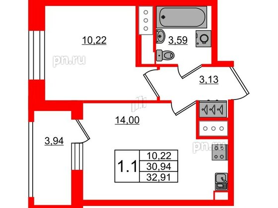 Квартира в ЖК Pulse Premier, 1 комнатная, 30.94 м², 14 этаж