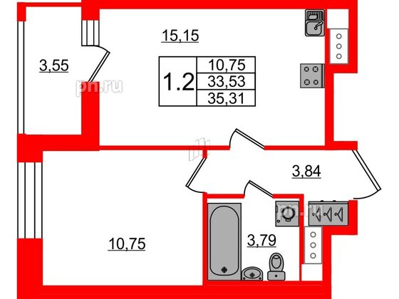 Квартира в ЖК Pulse Premier, 1 комнатная, 33.53 м², 11 этаж