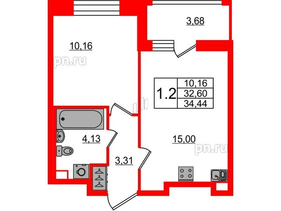 Квартира в ЖК Pulse Premier, 1 комнатная, 32.6 м², 1 этаж