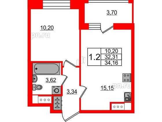 Квартира в ЖК Pulse Premier, 1 комнатная, 32.31 м², 15 этаж