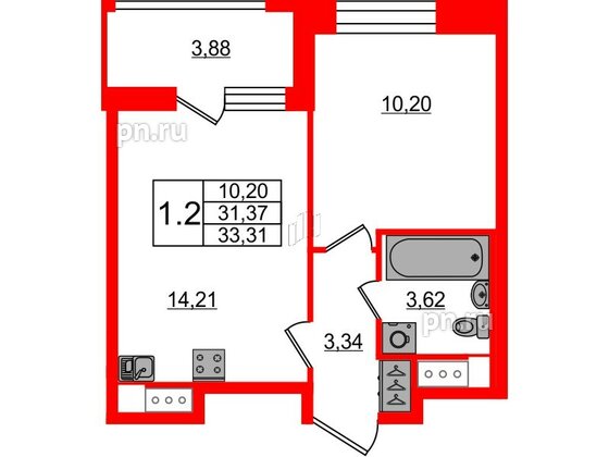 Квартира в ЖК Pulse Premier, 1 комнатная, 31.37 м², 14 этаж