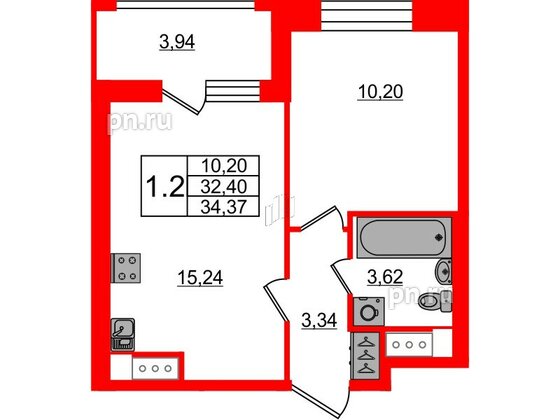 Квартира в ЖК Pulse Premier, 1 комнатная, 32.4 м², 15 этаж