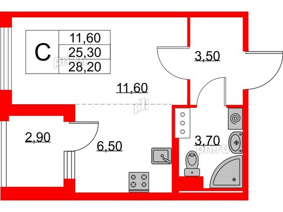 Квартира в ЖК Югтаун, студия, 25.3 м², 3 этаж