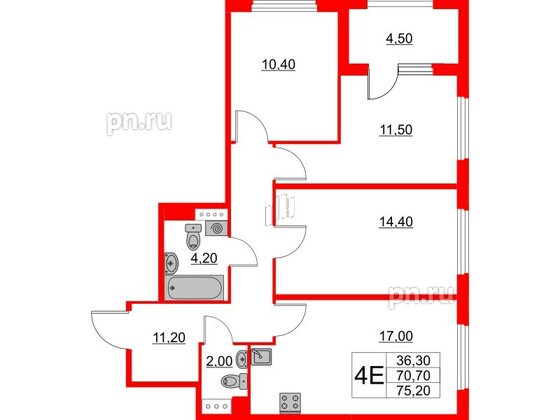 Квартира в ЖК Югтаун, 3 комнатная, 70.7 м², 3 этаж