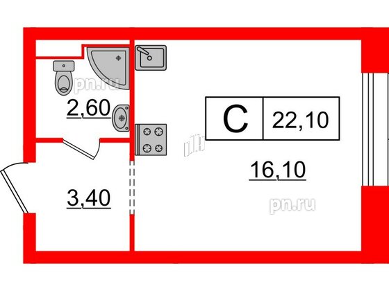 Квартира в ЖК Аэронавт, студия, 22.1 м², 9 этаж