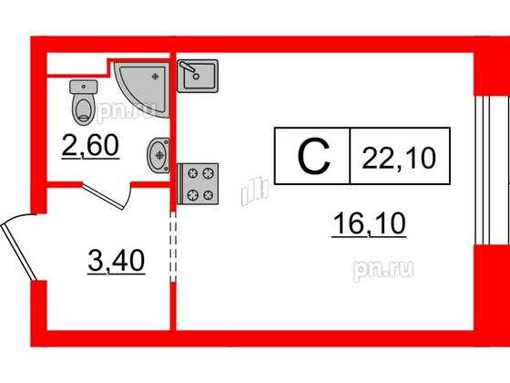 Квартира в ЖК Аэронавт, студия, 22.1 м², 12 этаж