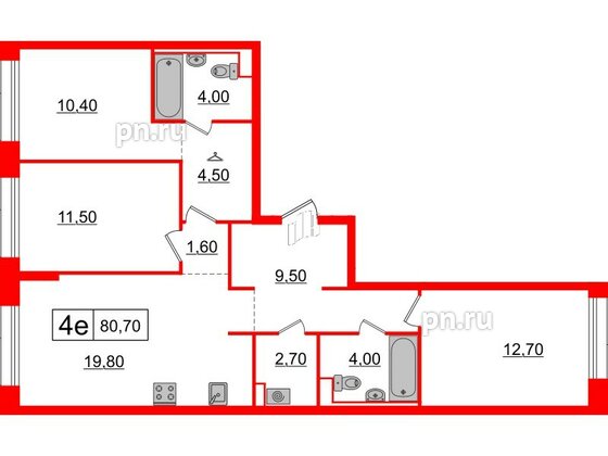 Квартира в ЖК Аэронавт, 3 комнатная, 80.7 м², 11 этаж