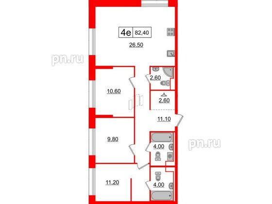 Квартира в ЖК Аэронавт, 3 комнатная, 82.4 м², 2 этаж