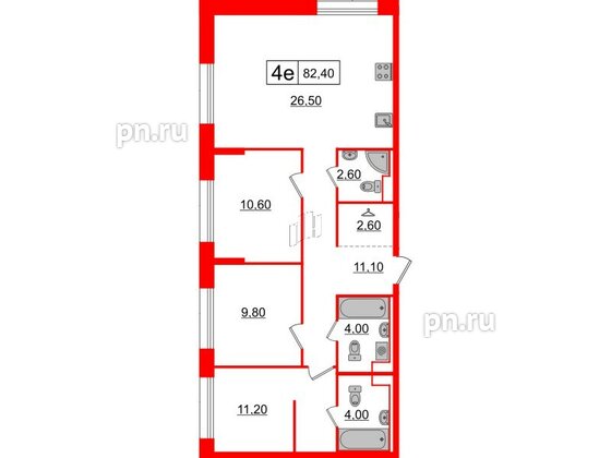 Квартира в ЖК Аэронавт, 3 комнатная, 82.4 м², 6 этаж