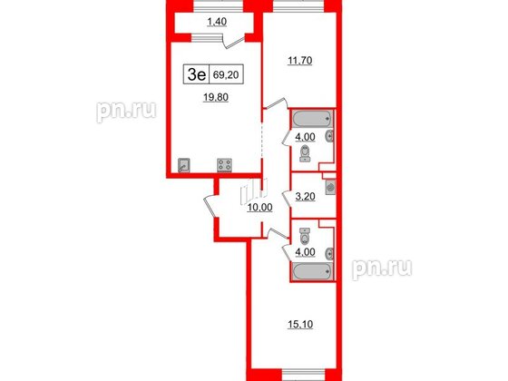 Квартира в ЖК Аэронавт, 2 комнатная, 69.2 м², 3 этаж