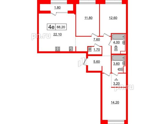 Квартира в ЖК Аэронавт, 3 комнатная, 88.2 м², 11 этаж