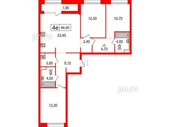 Квартира в ЖК Аэронавт, 3 комнатная, 88.8 м², 6 этаж