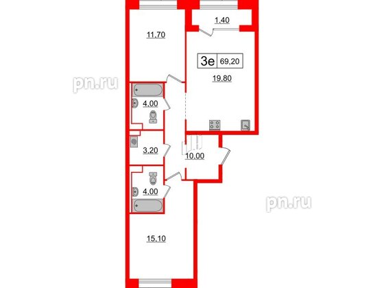 Квартира в ЖК Аэронавт, 2 комнатная, 69.2 м², 11 этаж