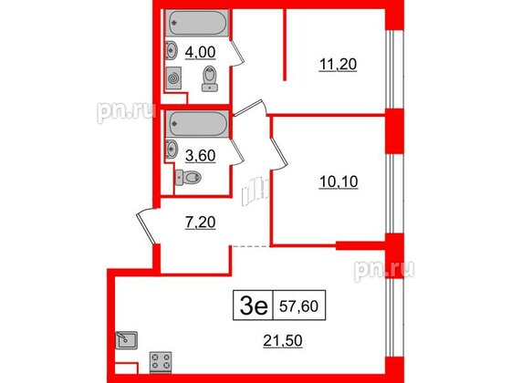 Квартира в ЖК Аэронавт, 2 комнатная, 57.6 м², 3 этаж