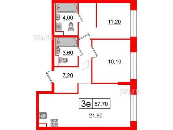 Квартира в ЖК Аэронавт, 2 комнатная, 57.7 м², 9 этаж