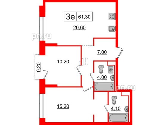 Квартира в ЖК Аэронавт, 2 комнатная, 61.3 м², 7 этаж