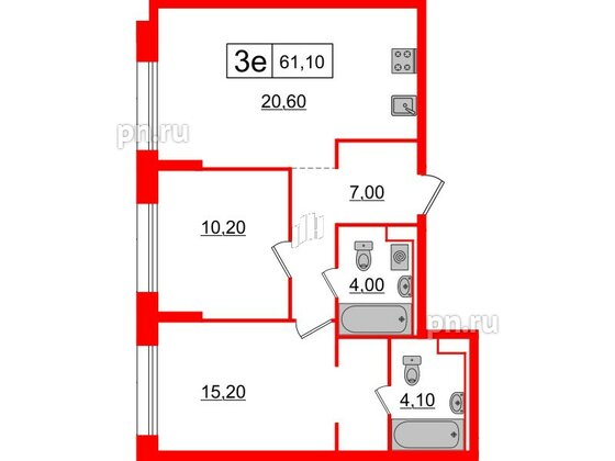 Квартира в ЖК Аэронавт, 2 комнатная, 61.1 м², 12 этаж