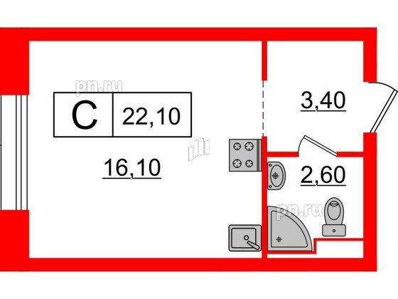 Квартира в ЖК Аэронавт, студия, 22.1 м², 2 этаж