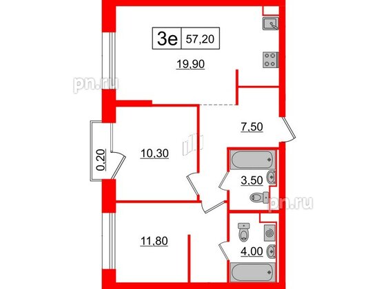 Квартира в ЖК Аэронавт, 2 комнатная, 57.2 м², 3 этаж