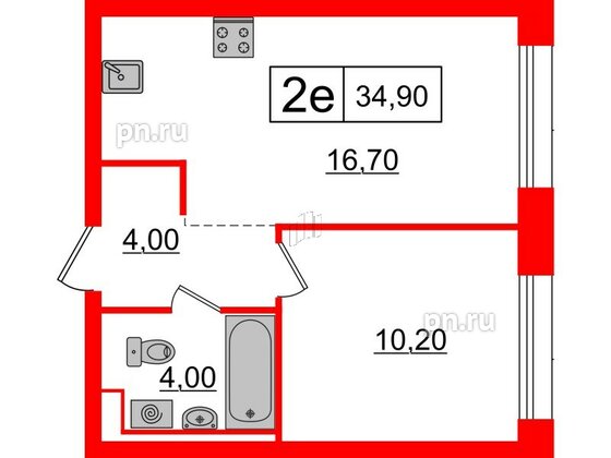 Квартира в ЖК Аэронавт, 1 комнатная, 34.9 м², 10 этаж