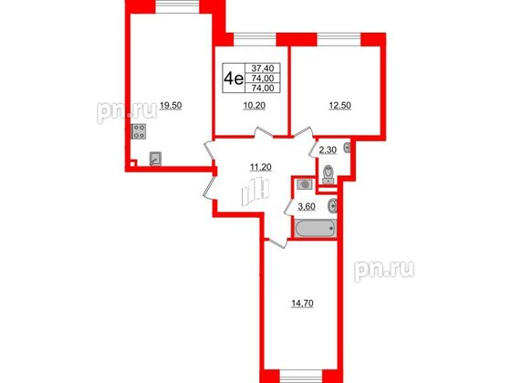 Квартира в ЖК Большая Охта, 3 комнатная, 74 м², 2 этаж