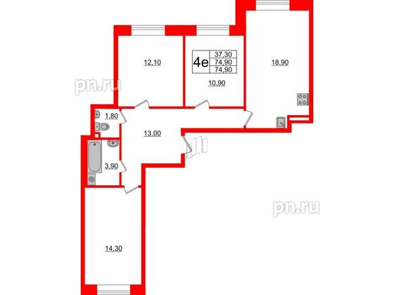 Квартира в ЖК Большая Охта, 3 комнатная, 74.9 м², 2 этаж