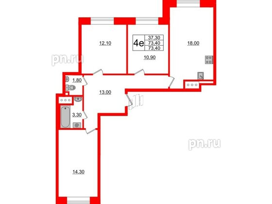 Квартира в ЖК Большая Охта, 3 комнатная, 73.4 м², 3 этаж