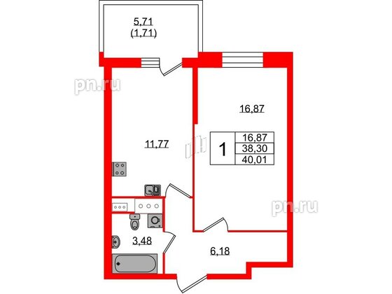 Квартира в ЖК Аквилон Stories, 1 комнатная, 40.01 м², 6 этаж