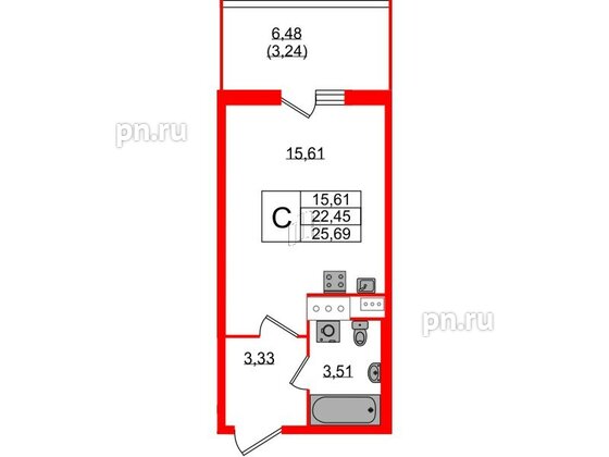 Квартира в ЖК Аквилон Stories, студия, 25.69 м², 3 этаж