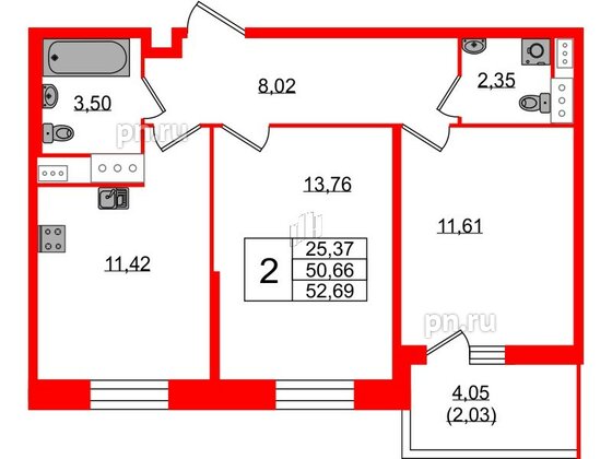 Квартира в ЖК Аквилон Stories, 2 комнатная, 52.69 м², 3 этаж