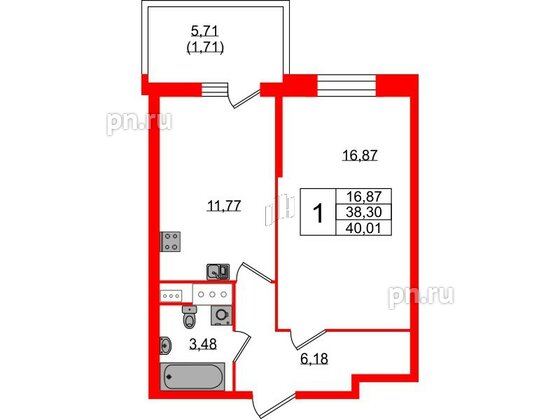 Квартира в ЖК Аквилон Stories, 1 комнатная, 40.01 м², 9 этаж