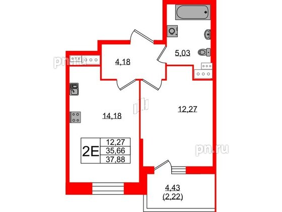 Квартира в ЖК Аквилон Stories, 1 комнатная, 37.88 м², 7 этаж