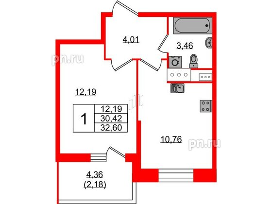 Квартира в ЖК Аквилон Stories, 1 комнатная, 32.6 м², 10 этаж