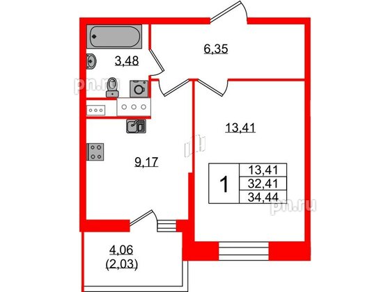 Квартира в ЖК Аквилон Stories, 1 комнатная, 34.44 м², 11 этаж