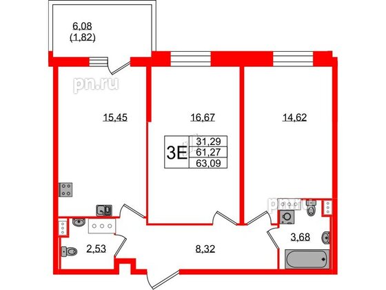 Квартира в ЖК Аквилон Stories, 2 комнатная, 63.09 м², 9 этаж