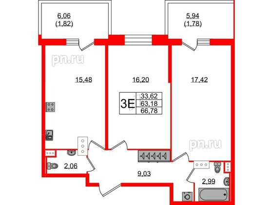 Квартира в ЖК Аквилон Stories, 2 комнатная, 66.78 м², 8 этаж